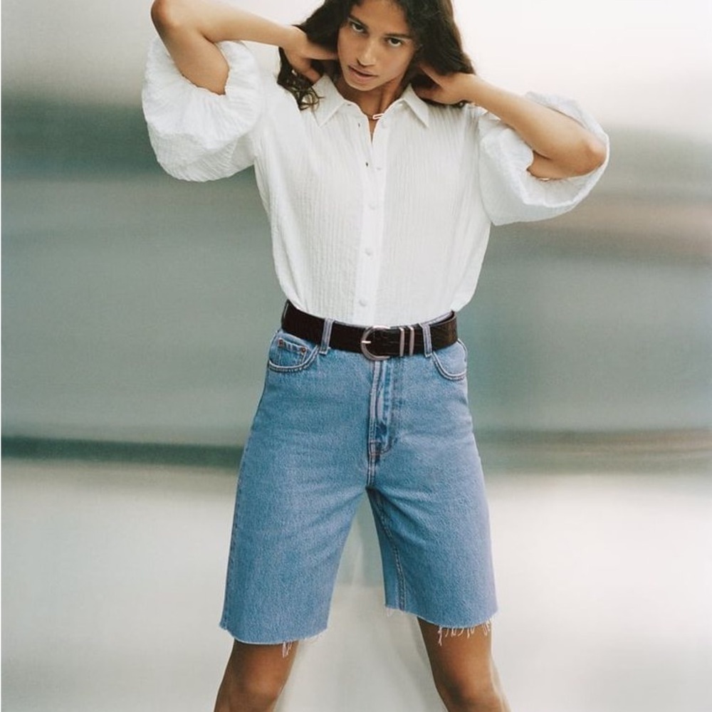 Zara Austin Blue Denim High Waisted 90s Bermuda Shorts